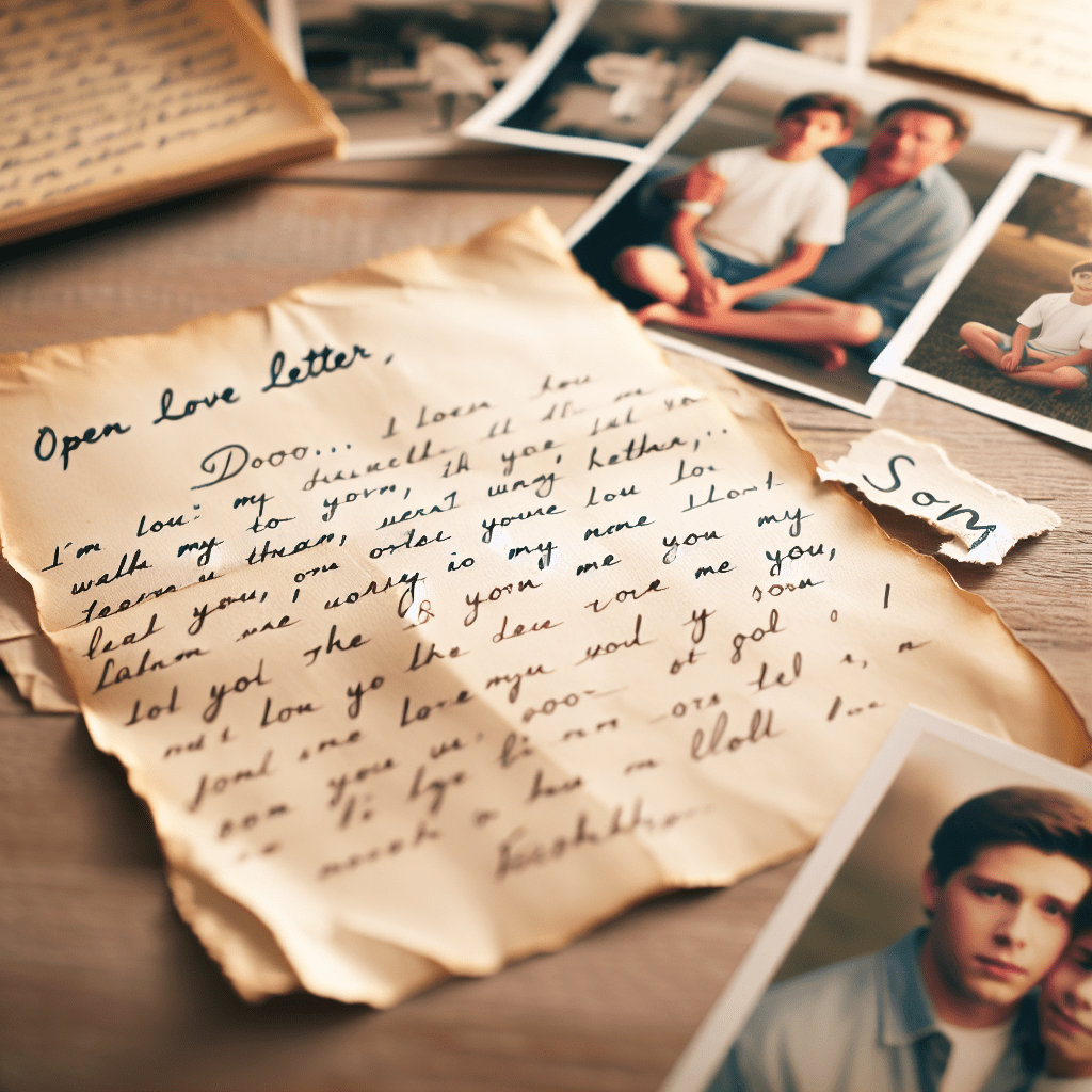 Mi hijo sonríe al leer una carta de amor.